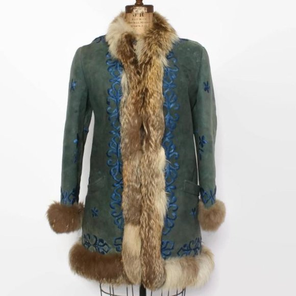 Vintage Jackets & Blazers - VTG 1970s Afghan Embroidered Suede Fox Fur Coat
